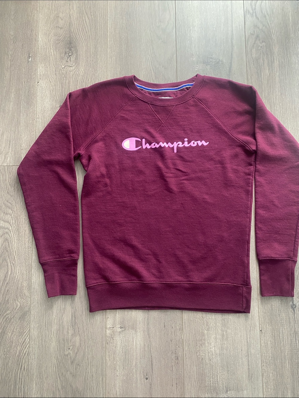 Champion Womens Burgundy Crewneck Sweatshirt with Pink Logo